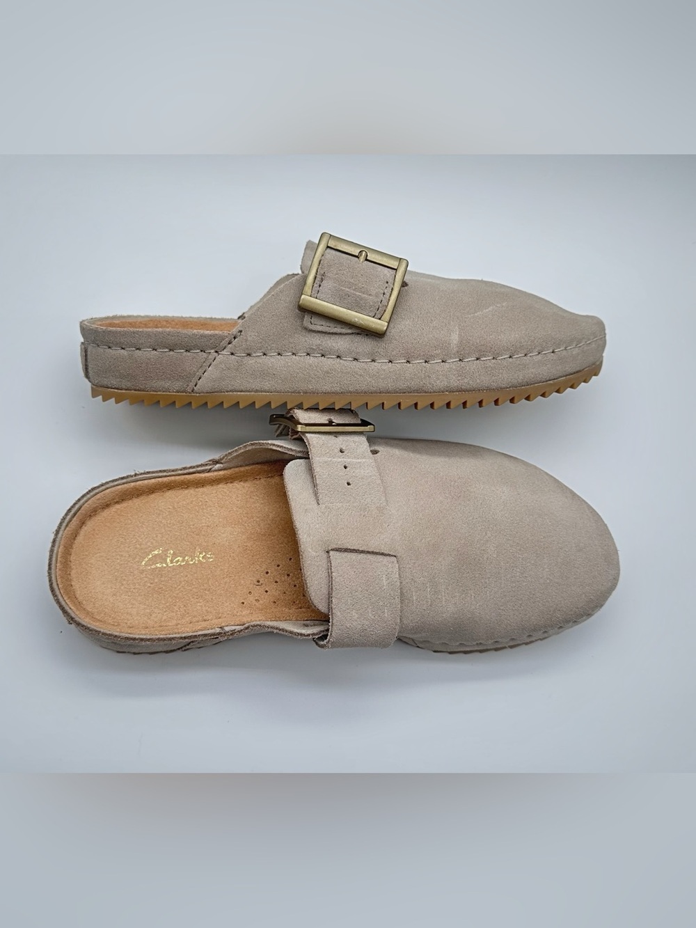Clarks Suede Buckle Clog Mules Taupe | Women’s 6.5 EU 37 | Coastal Grandma